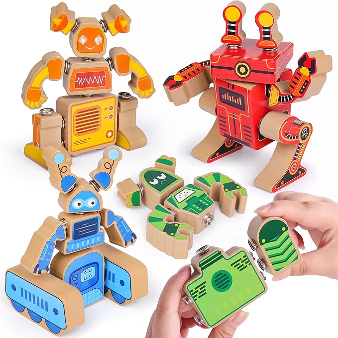 Coogam Fine Motor Building Robot Blocks for 3 4 5 Years Old Kids Wooden Snap Together Builders STEM Take Apart Robot Playset Educational Learning Toy Gift for Boys Girls