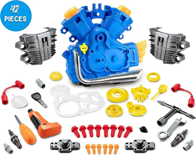 Engine Building Kit Kids Mechanic Repair Set for Kids Motorcycle EngineTake Apart Toys-42pc PlaysetSTEM Engine Model Kit Toy with Cool Lights&ampSoundsEducational Toys for 3+ Year Old (Blue)