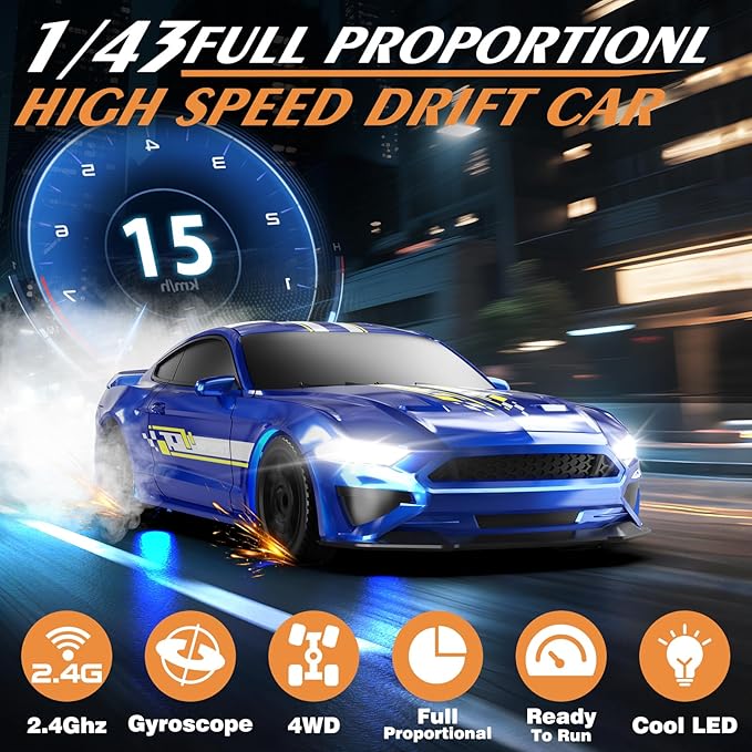 RC Drift Car 1/43 Scale Mini RC Drift Cars with Gyro 4WD Full Proporitonal High Speed Remote Control Car with LED Lights and Drifting Tires Hobby Racing Cars for Adults Kids Boys Girl Blue