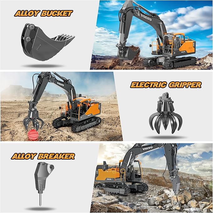 DOUBLE E Volvo 1:16 Scale RC Excavator 3-in-1 Construction Toys with 360° Rotation Metal Shovel Drill &amp Grabber – Professional Grade Remote Control Engineering Vehicle