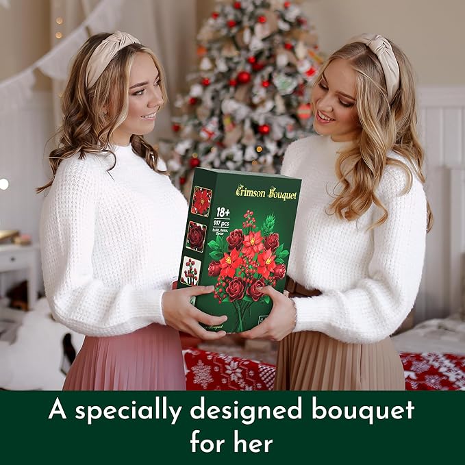 JOJO&ampPeach Flowers Rose Bouquet Building Set for Adults Mom Wife Artificial Poinsettia Botanical Collection for Home Office Display Festive Birthday Gift Toy for Women Girl and Teen 18+ (917PCS