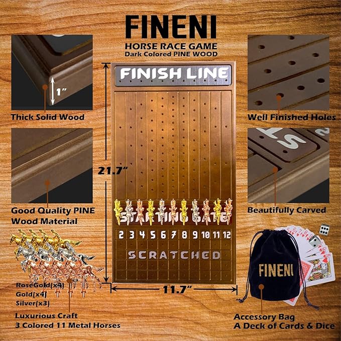 Horse Racing Game for Adults Horse Race Board Game with 11 Luxurious Metal Horses (Silver Black Rose Gold) 22” Dark Pine Wood Horse Race Game Board Dice &amp Card Included (Dark Color)