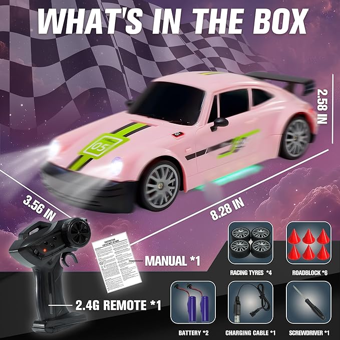 SANCO 1:20 RC Drift Car - 2.4G Drifting Car with Dual Tire System &amp LED Lights 20+KM/H 50-Minute Playtime Racing Toy Remote Control for Adults Boys Girls 2pcs Rechargeable Batteries （Pink）