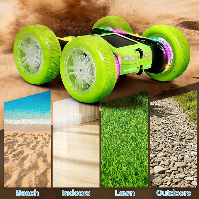 Remote Control Car Rc Cars Stunt RC Crawler Toys 4WD 360° Rotating with LED Light-Up Wheels &amp Remote Control for 6-12 for Boys Birthday Gift (Green)