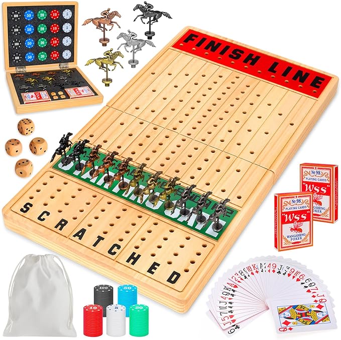 Large 21 Inches Horse Race Board Game Horse Racing Games with Cards and Dice &amp 11 Luxury Metal Horses Thickened Wood Chessboard Classic Wooden Table Top Board Games for Adults and Family