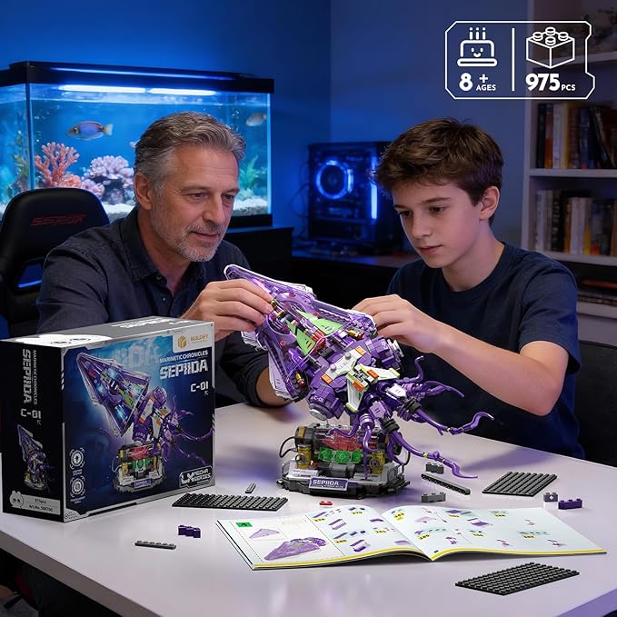 Mechanical Sepiida Building Sets for Adult Ocean Animal Collection Toy with Display Stand and Light Home Office Decor STEM Creative Gift for Teens Kids Boys Girls 8-14 975 PCS