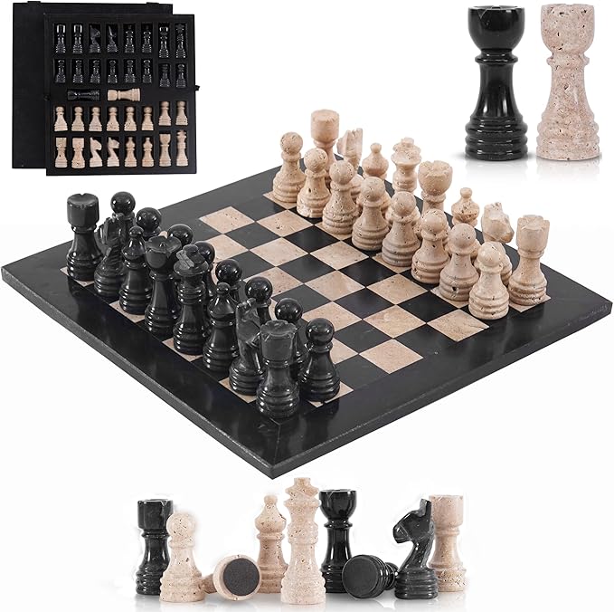 Marble Chess Set for Adults 12 Inch Black and Travertine Handmade Board Game with Storage Box Table Chess Set for Travel with Pieces &amp 2 Extra Queens Gifts &amp Home Décor