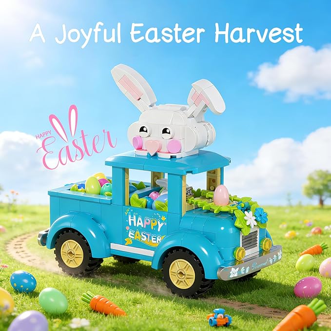 Easter Bunny Egg Harvest Truck Building Toy Set - Cute Rabbit Driver Movable Ears &amp Rolling Wheels Creative Removable Egg Easter Decoration Gifts for Kids Adults Boys Girls 8+