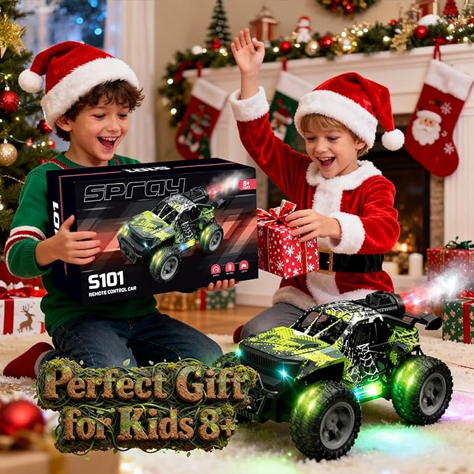 1:18 RC Monster Truck for Boys Kids 4-7-8-12 All-Terrain Off-Road Remote Control Car with LED Lights &amp Spray 40 Min Playtime 2.4GHz Fast Response Graffiti Jeep Toy Easter Gift RC Car for Kids