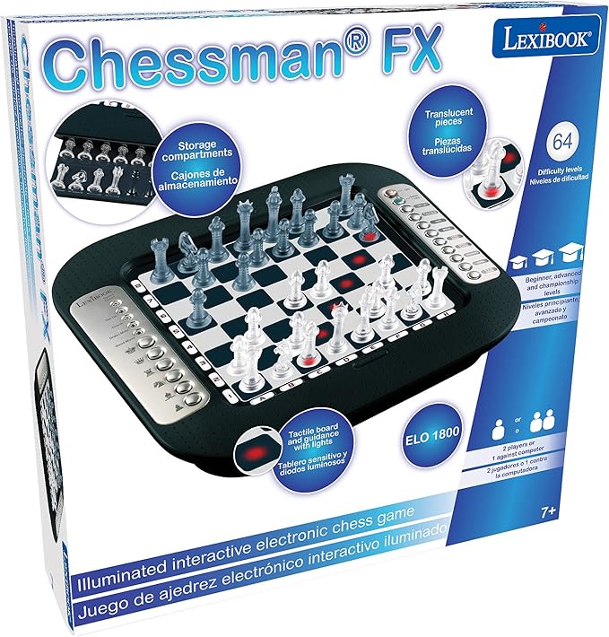 Lexibook Chessman® FX Electronic Chess Game with Tactile Keyboard and Light and Sound Effects 32 Pieces 64 Levels of Difficulty Family Board Game Black/Grey CG1335