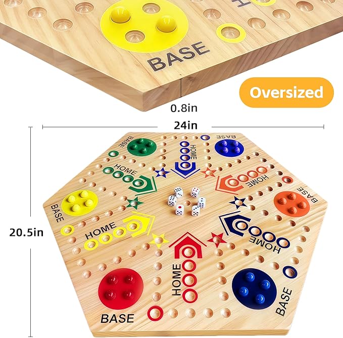 Wooden Board Game Board Game Original Marble Game Double Sided Painted 2 to 6 Player Fast Track Wooden with 6 Colors 24 Marbles 6 Dice for Adults Kids Family(24 INCH)