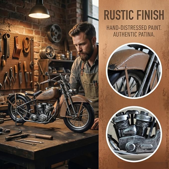 Vintage Metal Motorcycle Sculpture - Handmade Industrial Iron Motorbike Model Art - Retro Copper Desk Decor for Office and Home - Unique Collectible Gift for Men Dads and Biker Enthusiasts