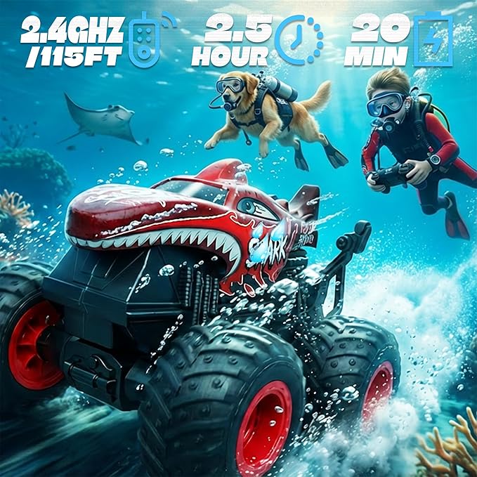 BEZGAR Monster Truck Toys - Remote Control Monster Truck with Light &amp Music Dinosaur Toys for Kids 1:20 Scale RC Truck with 360° Spins and Drifting Remote Control Car for Boys 4-7 Red