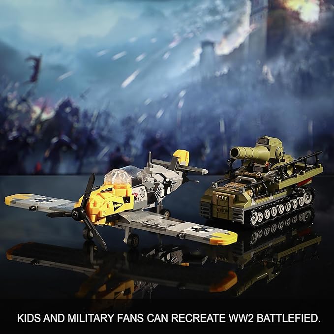 WW2 Military Toys Building Sets Compatible with Lego Create a BF109 Plane Fighter Jet &amp a Karl Giant Mortar Tank Great WWII Army Airplane Toy for Boys and Kids Age 8-12