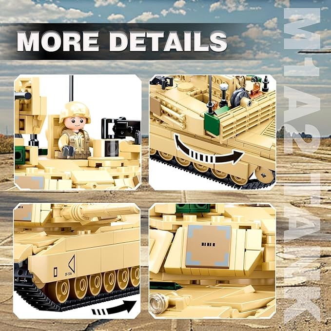 WW2 Army Tank M1A2 Main Battle Tank Military Model Toy Kits Inspired M1A2 Abrams Brick Building Set Including 2 Soldier Minifigures Gifts for 6-12 Year Old Kids Compatible with Lego 781 PCS1