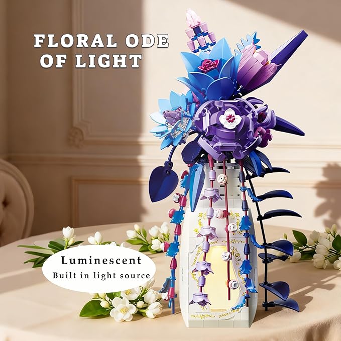 Flowers Bouquet Building Set Rose Compatible with Lego Flowers with vase Light for Adult Girl WomenBotanical Collection GothicMother's Day Easter Gifts Home Office Decor