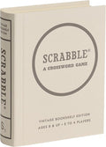 WS Game Company Scrabble Vintage Bookshelf Edition Linen Fabric-Wrapped Book Case with Solid Wood Tiles and Racks Classic Retro Scrabble Board Game for Family Night 2 to 4 Players Ages 8+