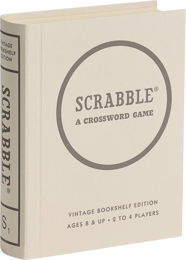 WS Game Company Scrabble Vintage Bookshelf Edition Linen Fabric-Wrapped Book Case with Solid Wood Tiles and Racks Classic Retro Scrabble Board Game for Family Night 2 to 4 Players Ages 8+