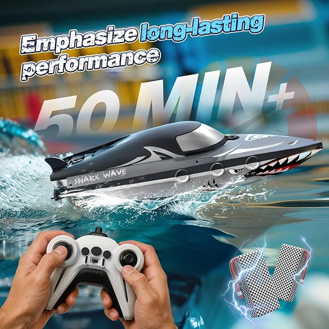 Shark RC Boat for Kids &amp Adults2.4GHz High Speed Remote Control Racing Boat W/ Dual Battery 50 Min RuntimeWaterproofFast Remote Control Toy Gift Kids 8-12 Ideal for Pools &amp LakesRealistic