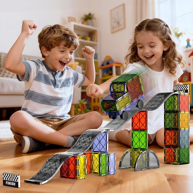 Magnetic Downhill Racer Set 40-Piece with Car &amp Tracks STEM Magnetic Tiles Building Toys for Kids Ages 3-8 Montessori Learning Toys with Reinforced Slopes &amp Loop Pieces