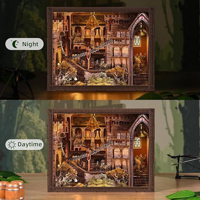 Book Nook Kit - 351 Pcs Wooden Miniature Kit with LED Lights Dust Cover &amp Medieval Details (Robin Hood)