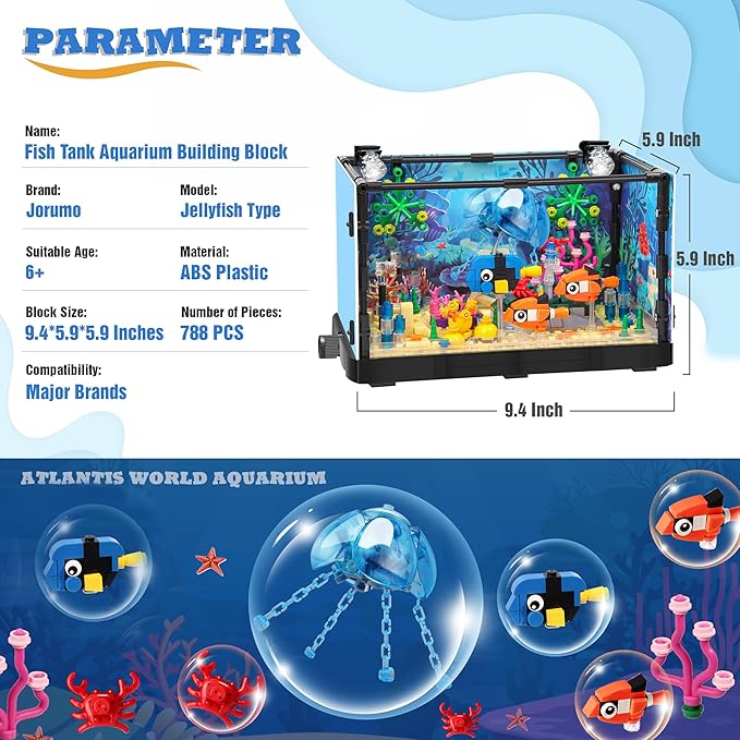 Jorumo Fish Tank Building Block Lighting Aquarium Building Sets for Adults and Kids Including Ocean Jellyfish Dolphin Turtle Crab Animal Building Toys for Boys Age 12+ 725pcs