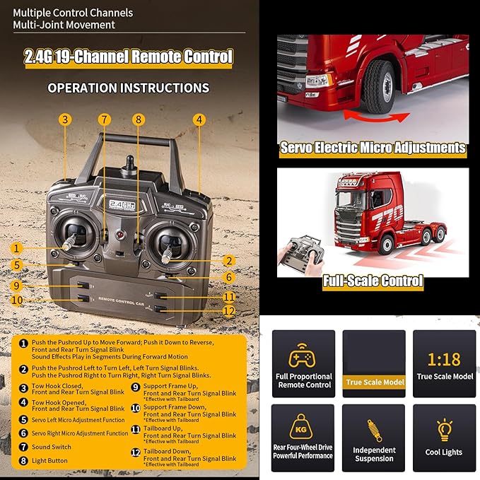 19Channels 770S Hobby RC Tractor Truck Toys 1/18 Scale Light Sound Effects Remote Control Lorry Car Vehicle Trailer for 14y+ Beginners Adults + (6-Wheels)