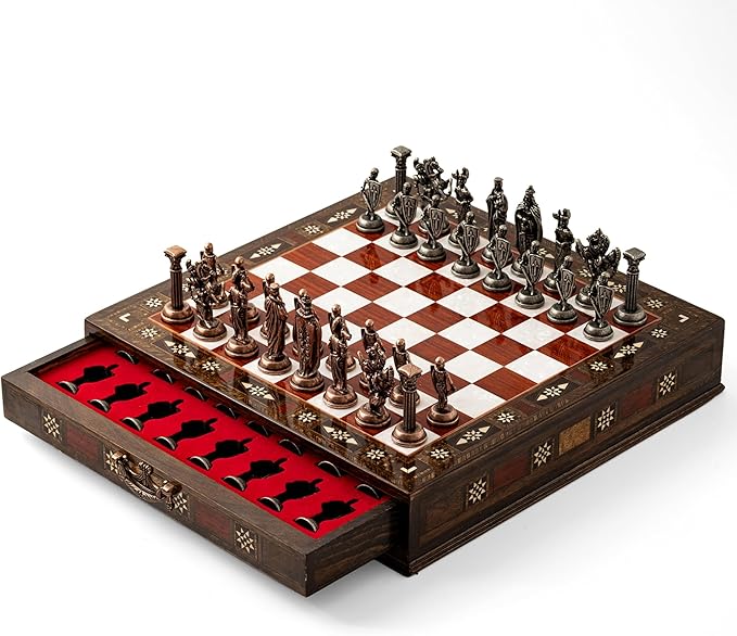 Luxury Wooden Chess Set with Metal British Army Pieces – Handmade Walnut Chess Board with Storage – Decorative Gift for Adults &amp Father Gift (Rose)