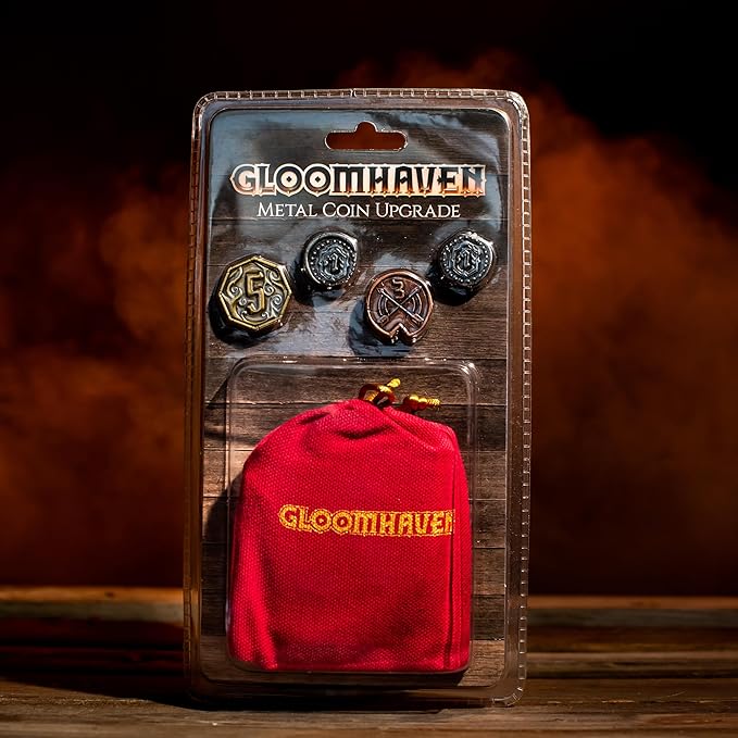 Cephalofair Games: Gloomhaven: Metal Coin Upgrade - 60 Coins &amp Drawstring Bag Board Game Accessory Metal Currency Detailed Art