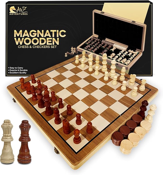 Magnetic Chess Set with Checkers - 15 (2 in 1) Folding Wooden Chess Sets for Adults &amp Kids with 2 Extra Queens | Travel Chess Board Game Set with Chess Pieces Storage Slots Luxury Gift with Stor