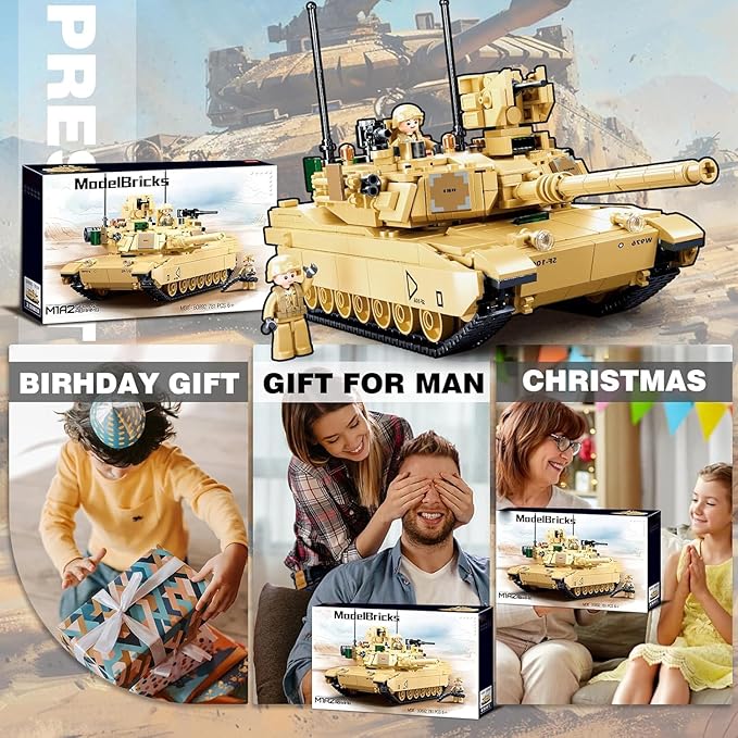 WW2 Army Tank M1A2 Main Battle Tank Military Model Toy Kits Inspired M1A2 Abrams Brick Building Set Including 2 Soldier Minifigures Gifts for 6-12 Year Old Kids Compatible with Lego 781 PCS1