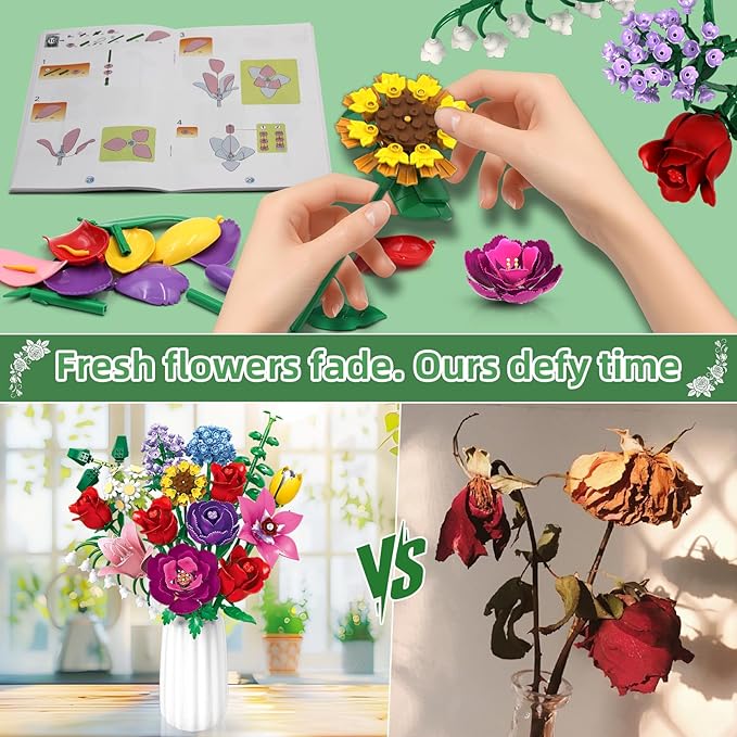 Flower Bouquet Set for Adults Botanical Collection Building Block Toy with Roses Sunflower for Teen Girls Artificial Plant Home Office Decor Gifts for Valentines Birthdays Mother's Day