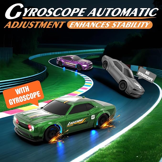 Mini RC Drift Car 1/43 2.4GHz RC Drift Cars with Gyro 4WD Full Proporitonal High Speed Remote Control Car with LED Lights and Drifting Tires Hobby Racing Cars for Adults Kids Boys Green