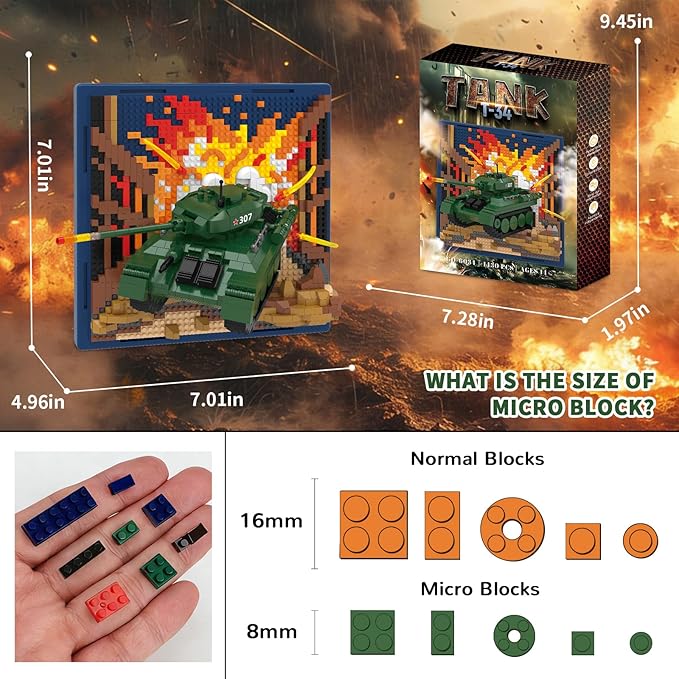 Military Tank 3D Wall Art Micro Mini Building Blocks Set WW2 T-34 Tank Collection Display Model &amp Wall Decor No Compatible with Lego Great Army Vehicle Toy Gift for Adults Teens 14+ (1430 PCS)