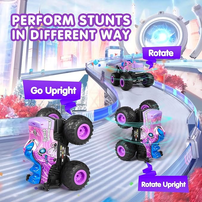 DYODYORC Remote Control Car 2.4Ghz All Terrain Monster Truck RC Truck with Music 3 Lighting Effects 360 Stunt Capable 2 Batteries Ready to Run Toy Gifts for Boys and Girls (Pink)