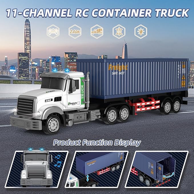Mostop RC Semi Truck with Trailer - 23.6 Inch Large Remote Control Toy for Kids 3-8 2 Rechargeable Batteries 8 Mini Cars LED Lights &amp Sound 2.4GHz Semi-Trailer Truck Toys for Boys Girls