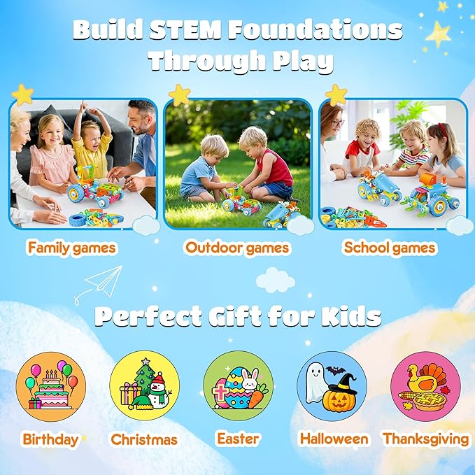 STEM Toys for 3 4 5 6 7 8+ Year Old Boy Girl Building Toys for Kids Ages 4-8 5-7 6-8 Toddler 3-8 Block Stem Kit Educational Construction Set Creative Activities Learning Engineering Game Birthday Gift