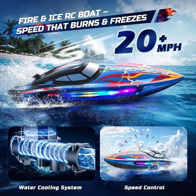 DEERC Fast RC Boat for Pool &amp Lake 20+MPH 40+ Mins Self Righting Remote Control Racing Speed Boat for Kids 2.4Ghz Summer Water Toy Gift
