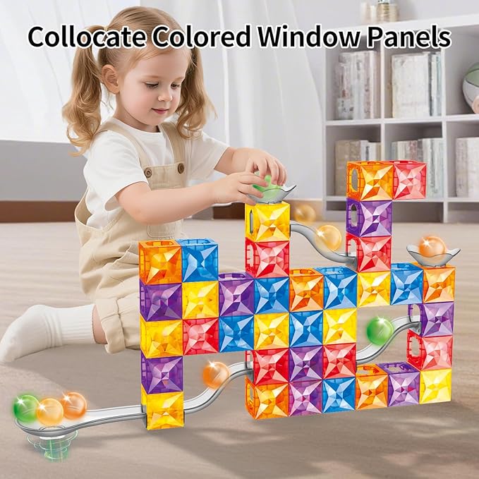 MIEBELY Magnetic Tiles 112 PCS Magnetic Maze Building Blocks Toy for Kids with Glowing Ball Magnet Marble Run Set STEM Education Toddler Toy Building Block Gifts for Boys and Girls 3 4 5 6 7 8 9