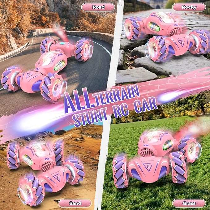 Pink Remote Control Car Toys Gifts for Girls 6-12 with Light &amp Music &amp Spray 2.4Ghz 4WD Double-Sided 360° Rotating Gesture Sensing RC Stunt Car Birthday for Girls Kids