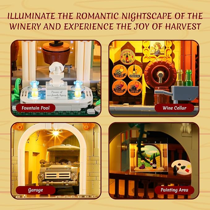 Farm Vineyard-Estate Lighting Building-Bricks-Set - 2800 Pcs Winery Chateau House Collection LED Light Wine Cottage Model Display Set for Adults and Farm Series Building Collectors