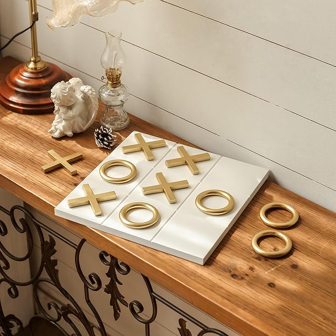 NIKKY HOME 12x12 Inch Tic Tac Toe Wood Game Board Classic Coffee Table Decor Modern Wooden Travel Game for Family White &amp Gold