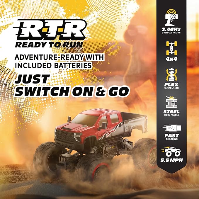 RC 4WD Heavy Metal Chevrolet Silverado Truck – 1:14 Scale Remote Control Car Stamped Metal Body 2.4GHz Full-Function Radio Control USB Rechargeable Ready to Run Red