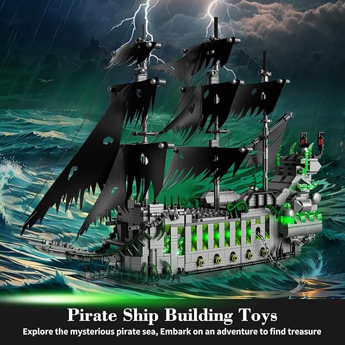 1573 Pcs Pirate Ship Building Set with LED LightSTEM Ghost Ship Flying Dutchman Building ToyModel Boat Mini Brick Kit Home Office DecorHalloween Easter Gift for Adults Boys Kids Ages 14+