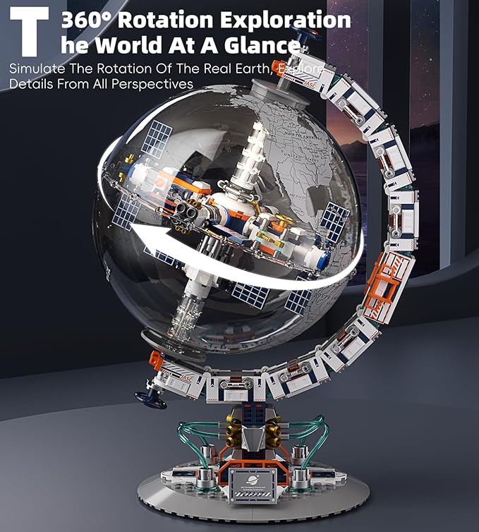 Space Station Globe Building Set for Adults 360° Rotatable STEM Toys with Dual Illumination Modes Compatible with Lego Hobby Gifts for Adults/Teens Home Decor