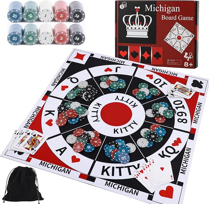 Michigan Rummy Board Game Set Tripoley Game Felt Mat Foldable Family Original Combination of Joker RummyHearts and Poker Includes 2 Decks of Cards and 200 Numbered Poker Chips
