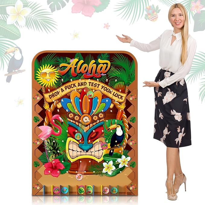 Blosssound 41.3 x 29.5 Extra Large Prize Drop Board Game Family Foldable Wood Disk Drop Game with 24 Colored Wooden Discs for Party Show Carnival Activity(Hawaii Style)
