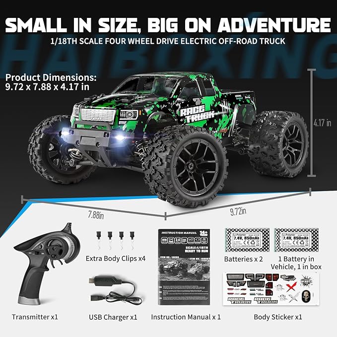 HAIBOXING 1:18 Scale All Terrain RC Car 18859 36 KPH High Speed 4WD Electric Vehicle with 2.4 GHz Remote Control 4X4 Waterproof Off-Road Truck with Two Rechargeable Batteries