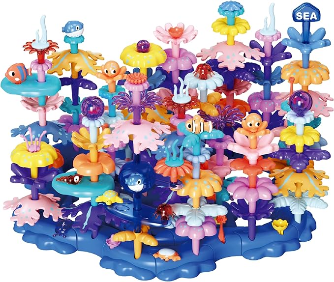 Ultimate Coral Reef STEM Building Set with Storage Box - 136PC Mega Collection 8+ Sea Creatures for Classroom Learning Kids Ages 3-6（Ocean-World-L3）