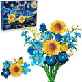 Blue Rose Flowers Valentines Gifts - Bouquet Building Set Compatible with Lego Flowers for Adults Women Van Gogh's Starry Night and Sunflowers Style Christmas Mother's Day Home Decor